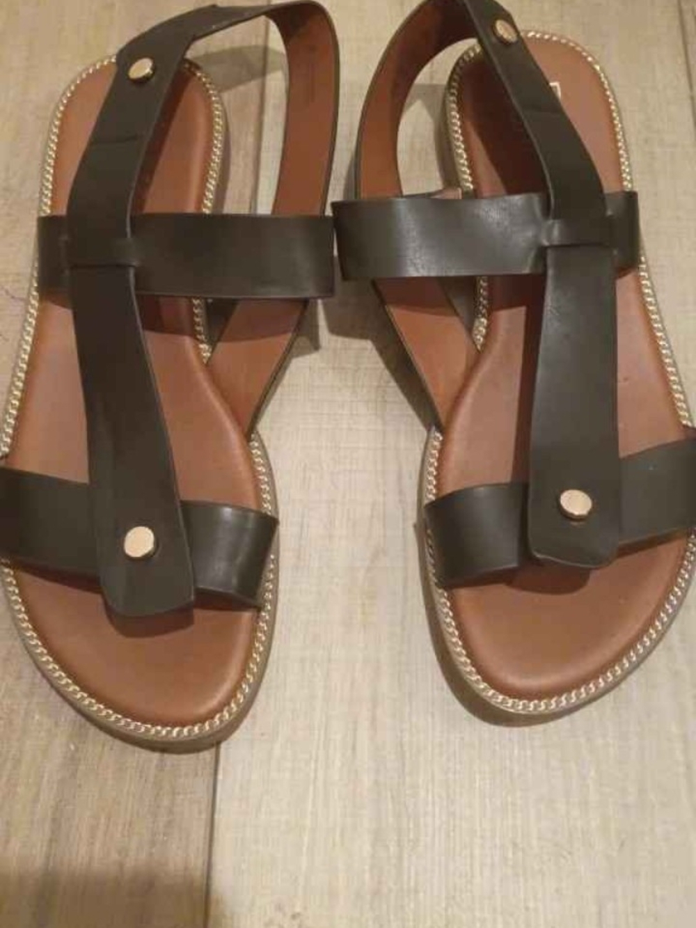 Franco Sarto Brown and Black Leather T-Strap Sandals